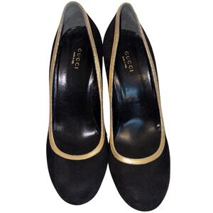 Gucci Black Suede and Gold Trim Platform Pumps
